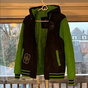 Game Theory Black and Green Quilted Jacket with Hood and Pockets
